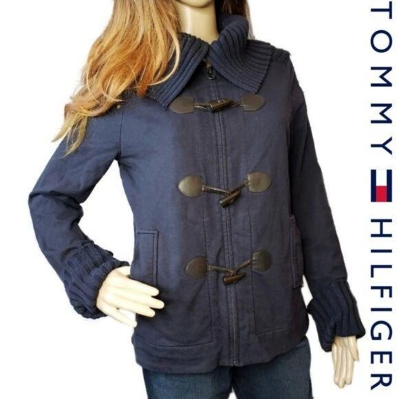 Tommy Hilfiger Womens Navy Toggle Jacket large folded collar Sz Med fall winter - Picture 3 of 10